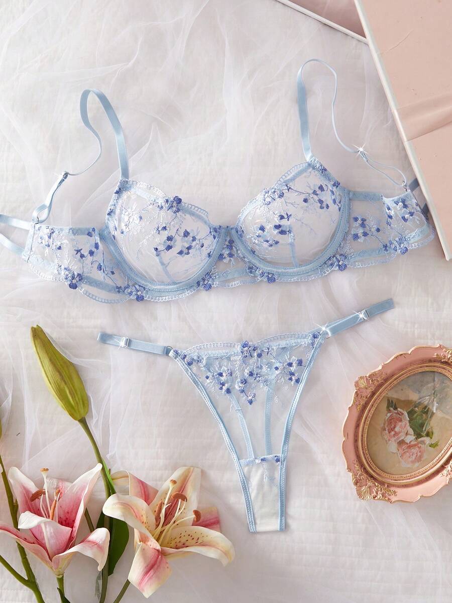 Blowup Lingerie Sexy Floral Embroidered Sheer Mesh Bra Set, Delicate Women's Bra Set - 淺藍色 - 查看 1