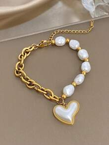 18K镀金珍珠心形手链，女士奢华珠宝，可调节双链设计，适合情人节、派对、晚宴、日常佩戴、约会、狂欢节、新年、婚礼、海滩、圣诞节、周年纪念日等场合，也是送给妈妈的优雅礼物，波西米亚风珠宝，生日伴娘礼物。
