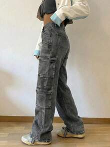 Women's Y2K Multi-Pocket High Waist Straight Leg Denim Cargo Pants - Light Grey - View 5