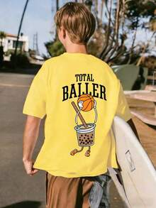 Tween BoyCartoon Basketball & Bubble Tea Print Round Neck Short Sleeve T-Shirt, New Spring/Summer Kids Graphic Tee - Yellow - View 9