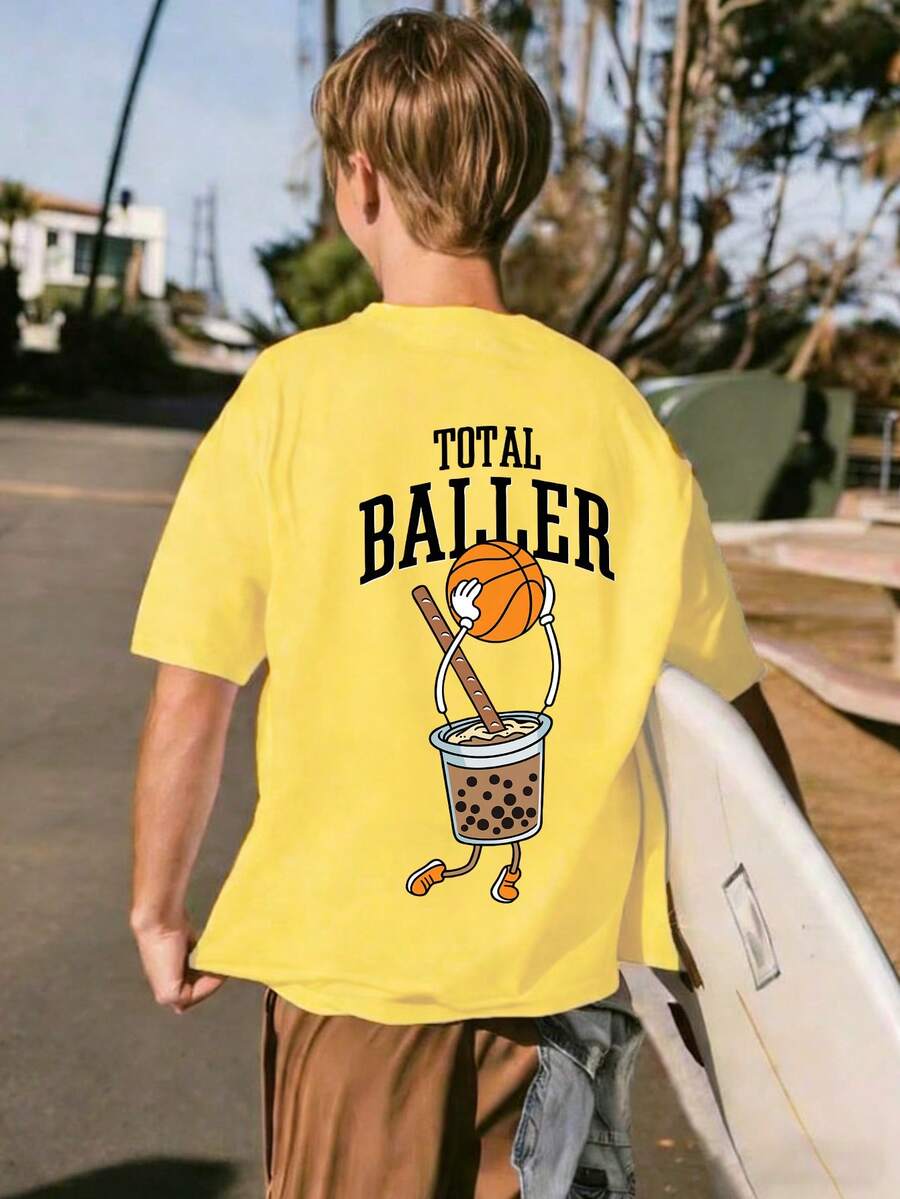Tween BoyCartoon Basketball & Bubble Tea Print Round Neck Short Sleeve T-Shirt, New Spring/Summer Kids Graphic Tee - Yellow - View 1