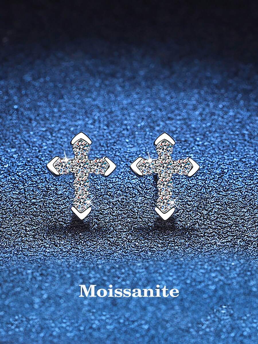 BLOVEMEE 2pcs Minimalist 925 Sterling Silver 0.7 Carat Total Moissanite Cross Stud Earrings, Suitable For Women's Daily Wear, Wedding Anniversary, Party, Commute, Women's Birthday, New Year Jewelry Gift - EH0012M - View 1