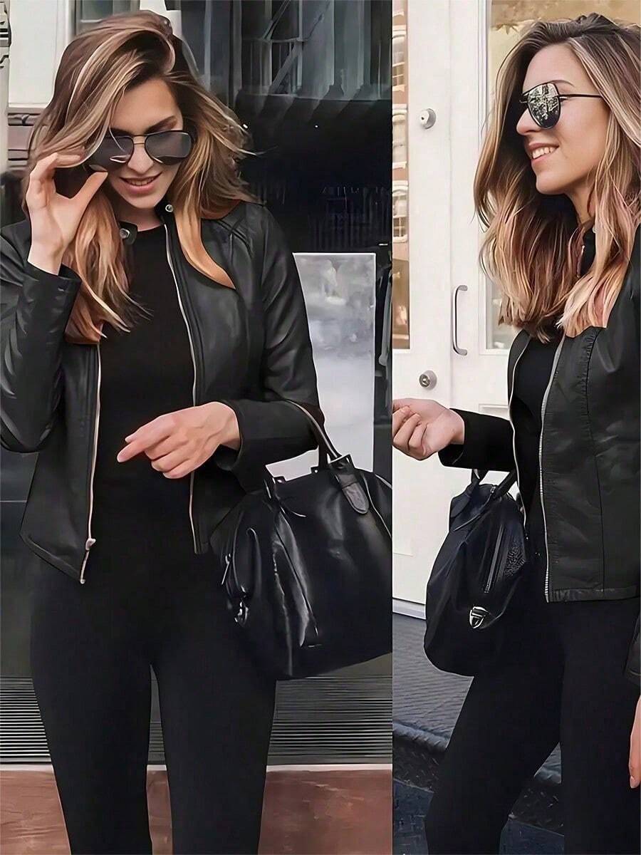 Chamarra de mezclilla y a la moda, abrigo manga larga de mezclilla con cierre delantero, ropa de mezclilla de mujer - Negro - Ver 1