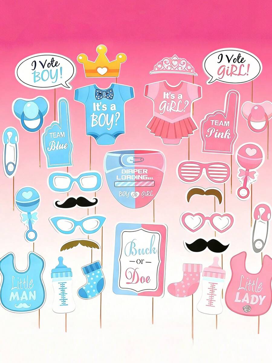 25/30pcs Baby Shower Photo Props, Gender Reveal Party (Boy Or Girl) Baby Shower/Birthday Party - Multicolor - View 1