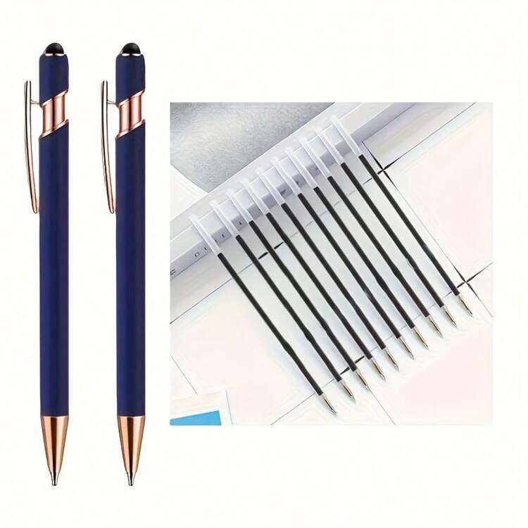12pcs Metal Ballpoint Pens, Blue Fashion Design, Smooth Writing, Includes 2 Pens + 10 Refills, Touch Screen Compatible Dual-Use, Ideal Gift For Women, Colleagues, Teachers, Mothers (Black Ink) - Navy Blue - View 9