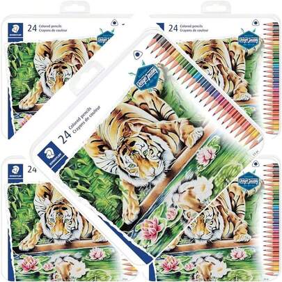 Colored Pencils With Triangular Barrel For Artwork, Assorted Colors In Metal Tin