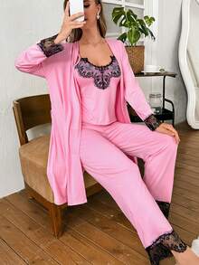 3pcs Women's Sleepwear Set, Includes Camisole, Pants, And Robe With Lace Trim, Soft & Skin-Friendly, Suitable For Spring, Summer, Autumn - Pink - View 5