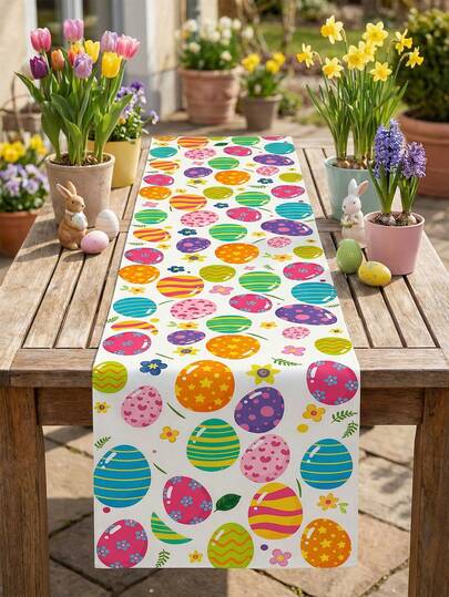 1 Stück - Tischläufer mit buntem Ostereienmuster - auffallende Frühlingsfeiertags-Tischdekoration für Zuhause, festliche Party-Tischdecke mit buntem Muster, strapazierfähiges und stilvolles Tischdecken-Accessoire perfekt für Ostern, Frühlingsbrunchs und Familienfeiern