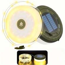 太阳能露营灯串，39.4 英尺仙女灯串，四合一便携式防水露营灯，8 种照明模式，可悬挂充电帐篷灯，适用于圣诞装饰、庭院派对等场合。