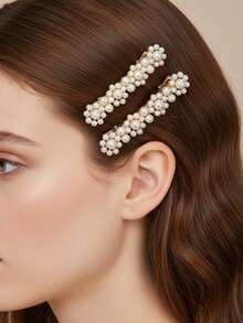 1 Pair Floral Pearl Hair Clips, Shiny Zinc Alloy Side Bangs, Duck Clip, Hairpin For Hair Decoration, Head Accessories, Hair Accessories For Women, Claw Clips, Hair Slide, Hair Barrettes - Multicolor - View 1