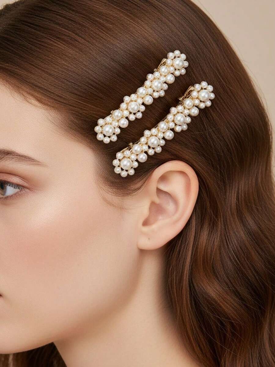 1 Pair Floral Pearl Hair Clips, Shiny Zinc Alloy Side Bangs, Duck Clip, Hairpin For Hair Decoration, Head Accessories, Hair Accessories For Women, Claw Clips, Hair Slide, Hair Barrettes - Multicolor - View 1