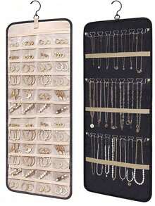 1PC Hanging Jewelry Storage Box With Roll-Up Strap Hooks And Metal Hooks Double-Sided Jewelry Rack For Wardrobes, Walls, And Doors Perfect For Earrings, Necklaces, And Rings , Makeup Room Decor,Travel Essential - Multicolor - View 1
