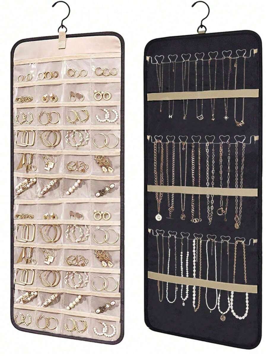 1PC Hanging Jewelry Storage Box With Roll-Up Strap Hooks And Metal Hooks Double-Sided Jewelry Rack For Wardrobes, Walls, And Doors Perfect For Earrings, Necklaces, And Rings , Makeup Room Decor,Travel Essential - Multicolor - View 1