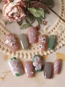 10片装亚克力美甲贴片，粉色猫眼桃花图案，短款，适合日常办公佩戴，套装包含1张粘性贴片和1个迷你指甲锉，手工制作。 - 彩色 - 查看 1
