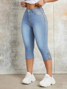 Jeans de talle medio con ajuste slim y longitud 7/8 para mujeres - Diseño con botones en el bajo, bolsillos funcionales, pantalones vaqueros casuales y estilizadores para uso diario - Lavado ligero - Ver 3