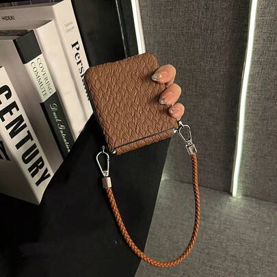 Ins Simple Straw Mat Pattern Brown Phone Case With Braided Leather Hand Strap Compatible With Samsung Galaxy ZFlip7 Z Flip6 ZFlip 5 Zflip6 Zflip5 Shockproof Back Cover