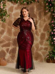JINLICX Elegant Beaded Red Dress Asymmetrical Mesh Evening Gown - Red - View 2