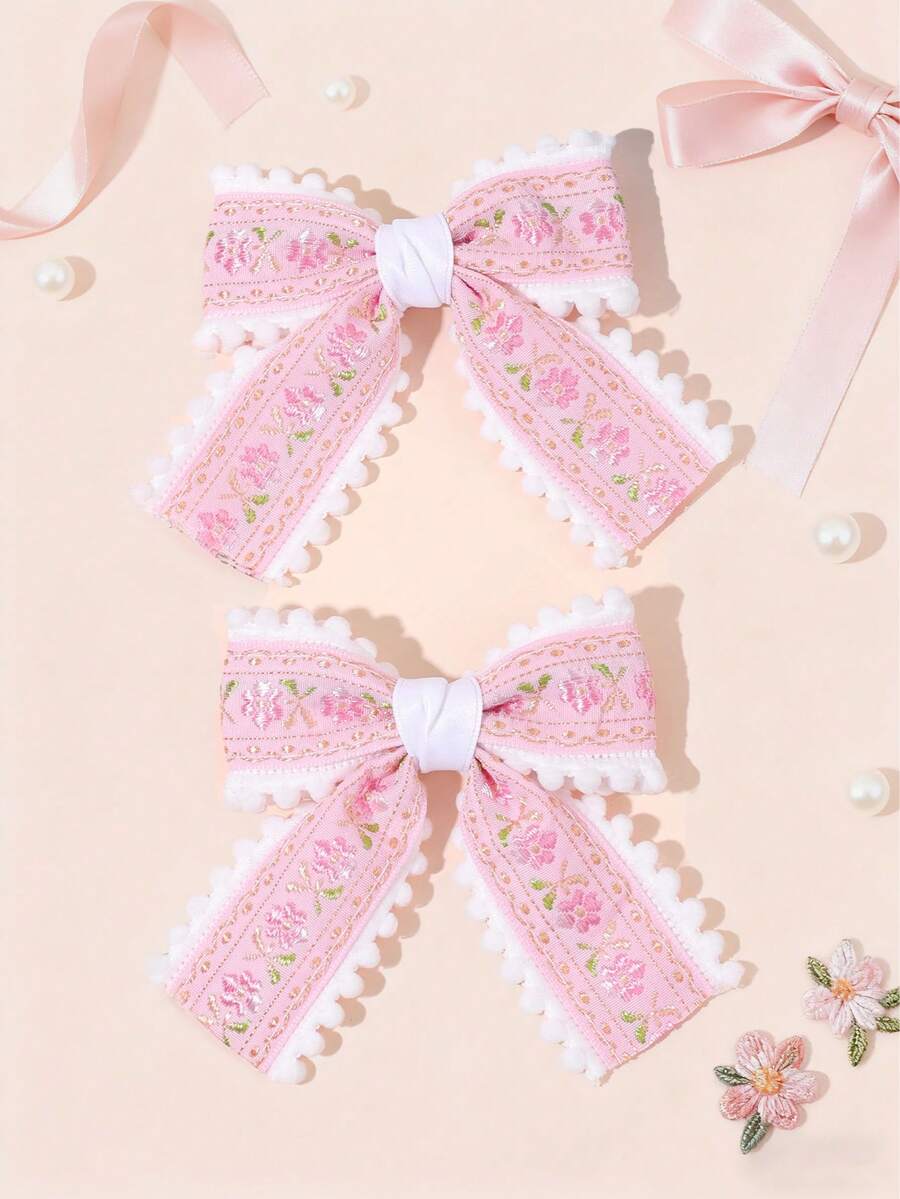 2pcs Flower Embroidery Hair Bows For Girls Pastel Pink Blue Green Embroidery Flower Bow Hair Clips Cute Pom-Pom Trim Bow Alligator Clips Girls Daily Wedding Party Barrettes Baby Hair Accessories - Multicolor - View 1