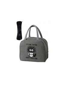 Thermal Bag, "It'S Fine I'm Fine Everything Is Fine" Graphic Print With Coffee Cup & Design ,Women'S Funny Coffee Lover ,With A Black Cutlery Storage Bag, A Double Pocket Lunch Box Bag, Large Capacity, Student Meal Insulated Refrigerated Bag - Multicolor - View 14