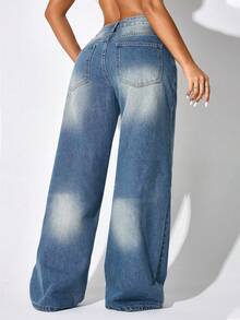 Quần jeans nữ ống rộng cạp thấp, màu xanh dương, có túi hai bên, kiểu dáng suông, thích hợp cho mùa thu và mùa xuân. - Xanh đậm - Xem 2