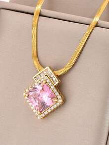 1件粉色几何菱形吊坠项链，简约优雅精致时尚首饰，适合日常和工作佩戴（OPP袋包装） - 金黃色 - 查看 3