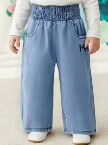 全新女婴刺绣字母休闲日常牛仔裤 - 淺藍色 - 查看 2
