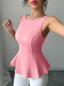 优雅露背蝴蝶结领荷叶边下摆无袖上衣，适合通勤、休闲、生日派对、毕业派对、下午茶、旅行等场合，日系新款春夏女装 - 淺粉色 - 查看 4