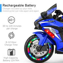 OMCPET 12V Kids Ride On Motorcycle, 4-Wheel Stable Ride On Motorcycle With Cool LED Lights, Built-In Music, Electric Toddler Motorcycle Gift For Boys Girls 3-10 Years Old, Battery Powered Rechargeable, Training Wheels, Ideal Gift For Christmas Birthday, Blue - Blue - View 3