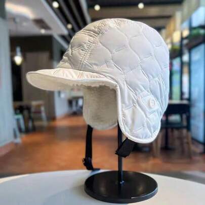 1pc Simple Warm Earflap Hat, Solid Color + Quilted Pattern, Adjustable Buckle Detail, Autumn/Winter Cold-Proof Decoration, Simple Quilted Fleece Trapper Hat, Suitable For Commuting, Outdoor Activities, And Keeping Warm In Winter