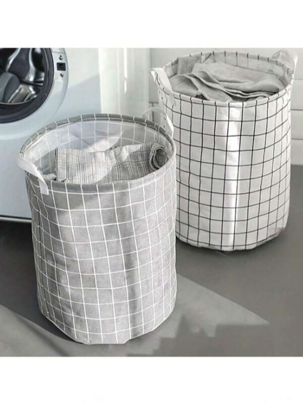 1pc Home Laundry Basket, Gift Storage Basket, Toy Storage Bucket, Plaid Fabric Dirty Clothes Basket, Large Foldable Waterproof Storage Basket For Bathroom, Bedroom, Room