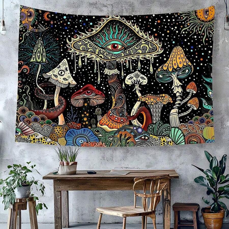 1 Peça Tapeçaria Decorativa de Parede Colorida, Tapeçaria com Padrão de Arte Cartoon Abstrata, Adequada para Quarto, Sala de Estar, Dormitório, Decoração de Festa de Halloween, Lavável, Tamanho: 79x58 Polegadas, Tapeçaria Grande de Fibra de Poliéster, Acessórios Incluídos. - B - Visão 1