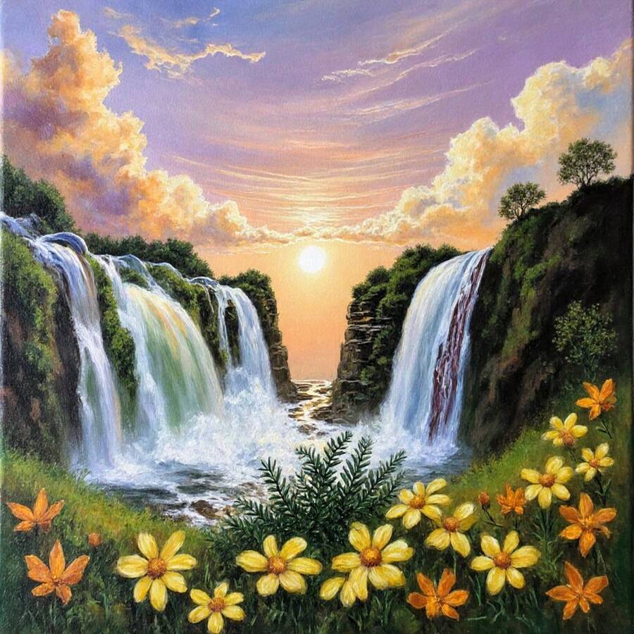 5D Diamond Painting DIY Waterfall Landscape Diamond Embroidery Handmade Drill Decor Painting, Home Wall Art Hanging, Includes Tools & Materials, Creative Gift, Sunrise Sunset Waterfall, Floral & Tree Scenery Diamond Painting - Multicolor - View 1