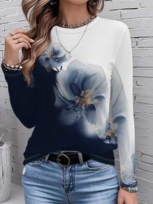 Women's Floral Print Long Sleeve T-Shirt - Blue Floral Pattern, Non-Transparent Round Neck Blouse, Machine Washable Everyday & Formal Tops For Spring/Fall Wardrobe Essentials, Floral Print Blouse, Spring Fashion, Elegant Design, Durable Material, Printed Top, Spring Shoppers - Mixed Color - View 4
