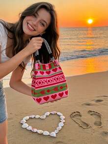 [XZck] Fashionable Knitted Bucket Handbag, Heart Pattern Design Tote Bag, Lightweight Foldable Handbag With Unique Design To Stand Out During Holidays, Great Gift For Girlfriend, Valentine's Day Gift - Multicolor - View 11