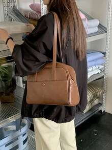 极简复古枕形包，超人气通勤包，女士休闲百搭腋下手提包，单肩斜挎包，无吊坠 - 咖啡 - 查看 4