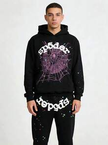 Men's Hip Hop Spider Web Pattern Graphic Alphabet Print Harajuku Vintage Hoodie Long Sleeve Street Wear Top For Both Men And Women Oversized Hoodies,Christmas Gifts For Bf,Essential Hoodies - màu đen - Xem 2