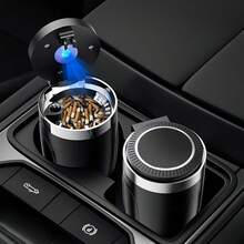 Ashtray With Lid,Smokeless Ashtray For Cup Holder Smell Proof,Detachable Stainless Steel Car Ash Tray With LED Auto Light, For Most Car, Office, Home - 黑色的 - 查看 6