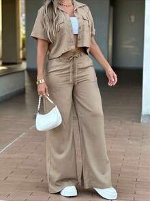 Two Pieces Set Spring/Summer Women's Fashion Solid-Color Casual Set Lapel Front-Button Pocket Short-Sleeve Top High-Waisted Button-Up Zipper Straight-Leg Pants Two Pieces Set Elegant - Khaki - View 2