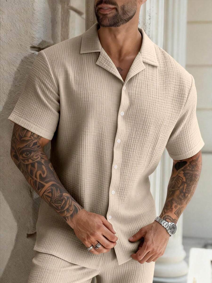 Áo sơ mi nam ngắn tay GloMan màu trơn, chất liệu 100% cotton, cổ polo, mềm mại, co giãn nhẹ, thoáng khí, phù hợp cho dạo phố, hẹn hò, mặc hàng ngày, cuối tuần, tụ họp bạn bè, kỳ nghỉ. Món quà Giáng sinh và năm mới tuyệt vời dành cho chồng hoặc cha. - Màu be - Xem 1