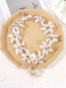 1Pc Garden Photoshoot Bridal Headdress,Tri-Color Faux Lily Flower Crown,Dangling Bead Strands For Fairy Look,Outdoor Wedding & Photography Accessories