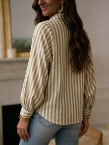 Women's Striped Regular Sleeve Long Sleeve Shirt, Lapel Button Front Polyester Blouse, Suitable For Daily Wear - Green - View 3