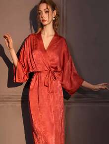 Jacquard Nightgown Women's Spring And Autumn Long Bathrobe Bath Skirt Ice Silk High-End Satin Loungewear Single Robe Can Be Worn Outside - HP18款-長袍 - 查看 1