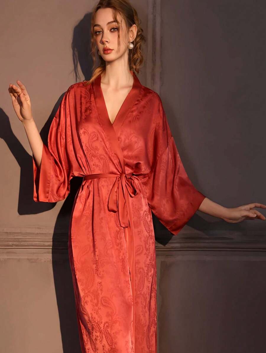Jacquard Nightgown Women's Spring And Autumn Long Bathrobe Bath Skirt Ice Silk High-End Satin Loungewear Single Robe Can Be Worn Outside - HP18款-長袍 - 查看 1