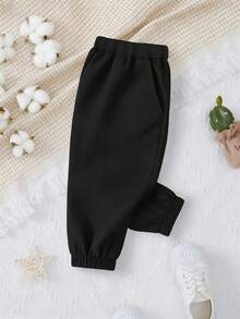 1 chiếc quần jogger thoải mái, dễ thương, thời trang, tối giản cho bé trai - màu đen - Xem 1