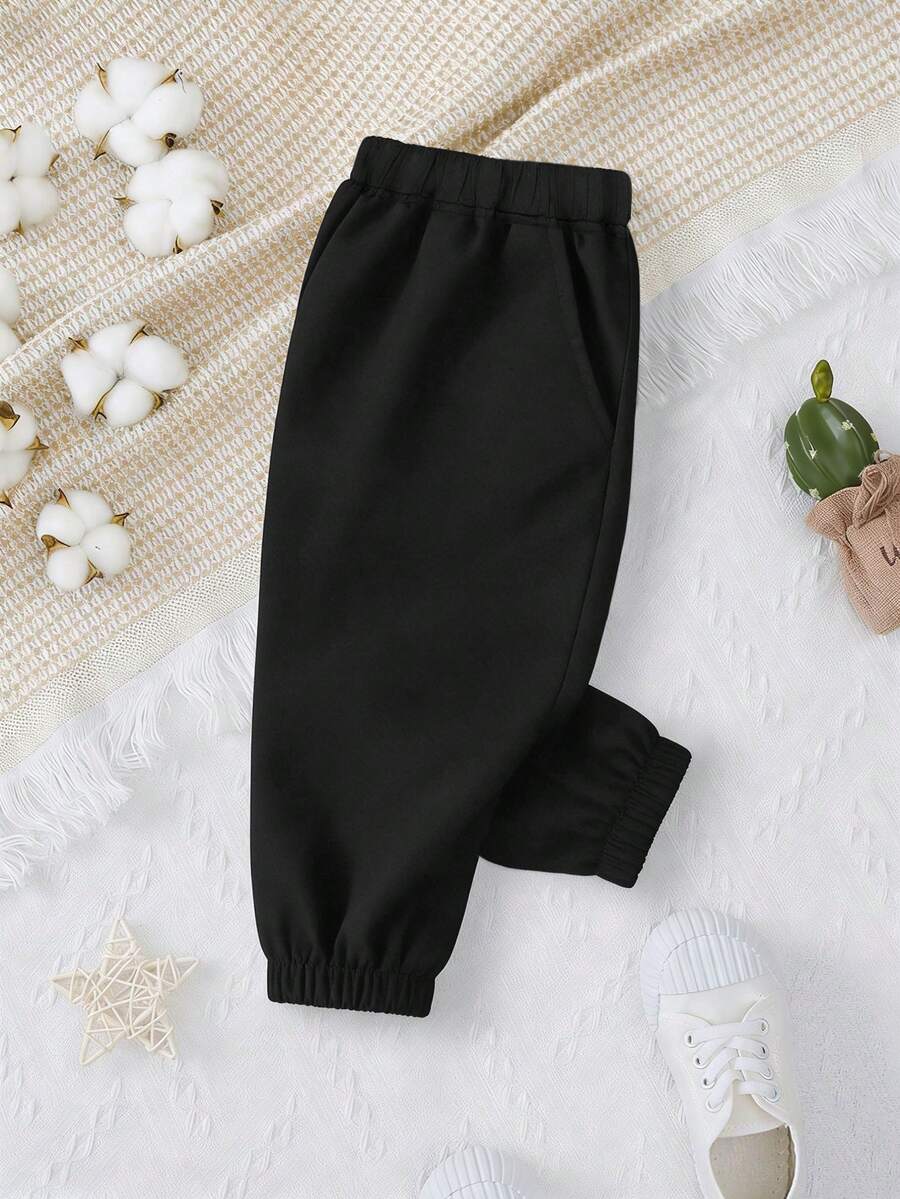 1 chiếc quần jogger thoải mái, dễ thương, thời trang, tối giản cho bé trai - màu đen - Xem 1