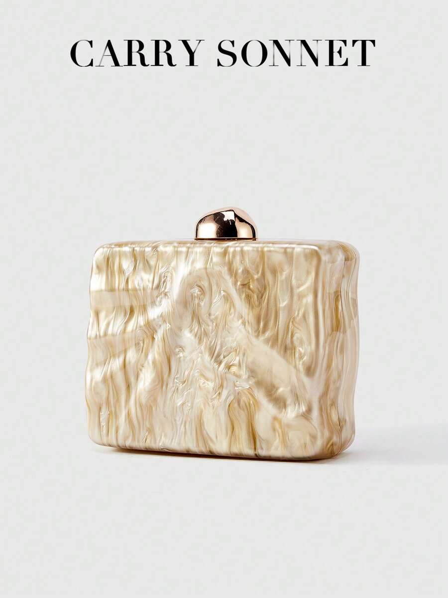 女士亚克力晚宴手拿包，大理石纹硬壳链条单肩包，优雅婚礼派对手提包，女士钱包，女士礼物 - 香檳色 - 查看 1