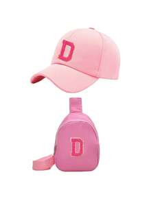 Set de 2 piezas: Gorra de béisbol con letra A-Z y bolsa de almacenamiento a juego, sombrero casual de protección solar para exteriores, adecuado para niñas, primavera/otoño, apto para viajes, playa, vacaciones - Rosa - Ver 6