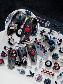 1 Sheet Gothic Punk Style Nail Art Stickers, Detailed And Atmospheric, Includes Classic Dark Symbols Such As Cross, Gem-Like Heart, Black Cat, Coffin, Eyeball, Bat, Spider, Skull Bottle, Gothic Girl, As Well As Retro Elements Like 8-Ball And Clock, Suitable For Personal DIY And Nail Salons