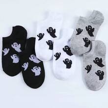 2双装女士趣味幽灵图案中筒袜/短袜，四季皆宜，休闲可爱，适合日常穿着
