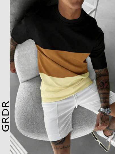 GRDR Camiseta de manga corta casual de estilo empresarial de cuello redondo con contraste de color para hombre, nueva para el verano